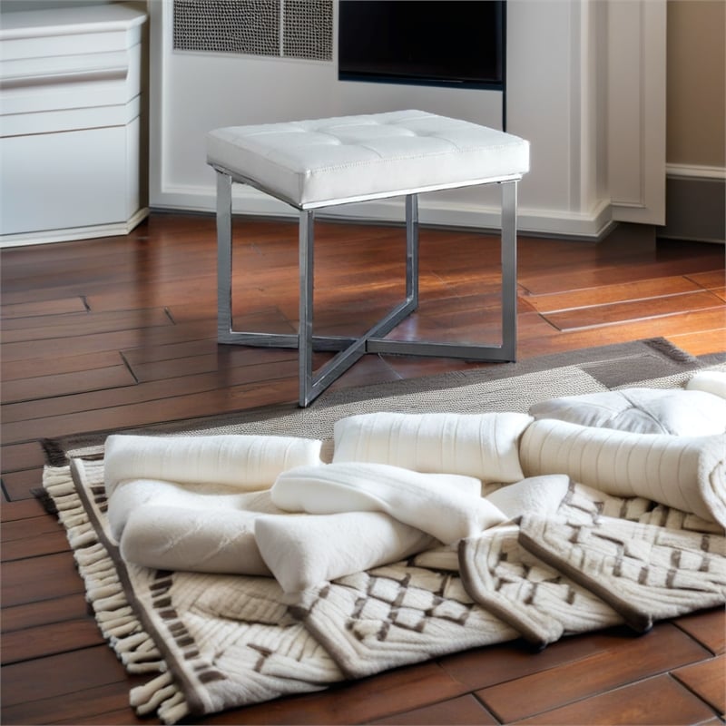 Pemberly Row Modern Faux Leather Summer Vanity Bench White/Chrome