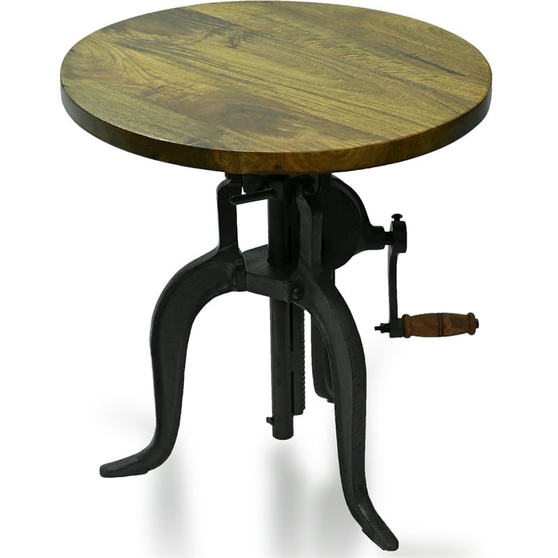 Pemberly Row Farmhouse Wood Black Adjustable Crank Accent Table