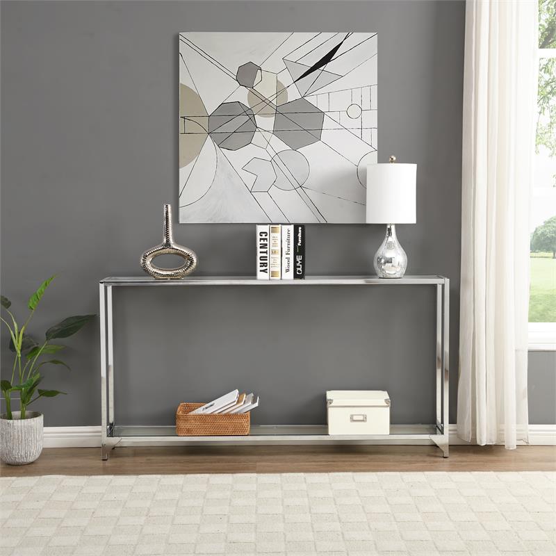 Pemberly Row Transitional Glass Chrome Slim Console in Chrome
