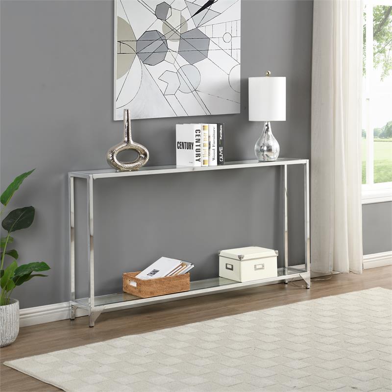 Pemberly Row Transitional Glass Chrome Slim Console in Chrome