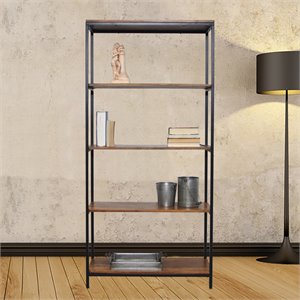 Pemberly Row Modern Metal Tall Bookcase in Chestnut and Black