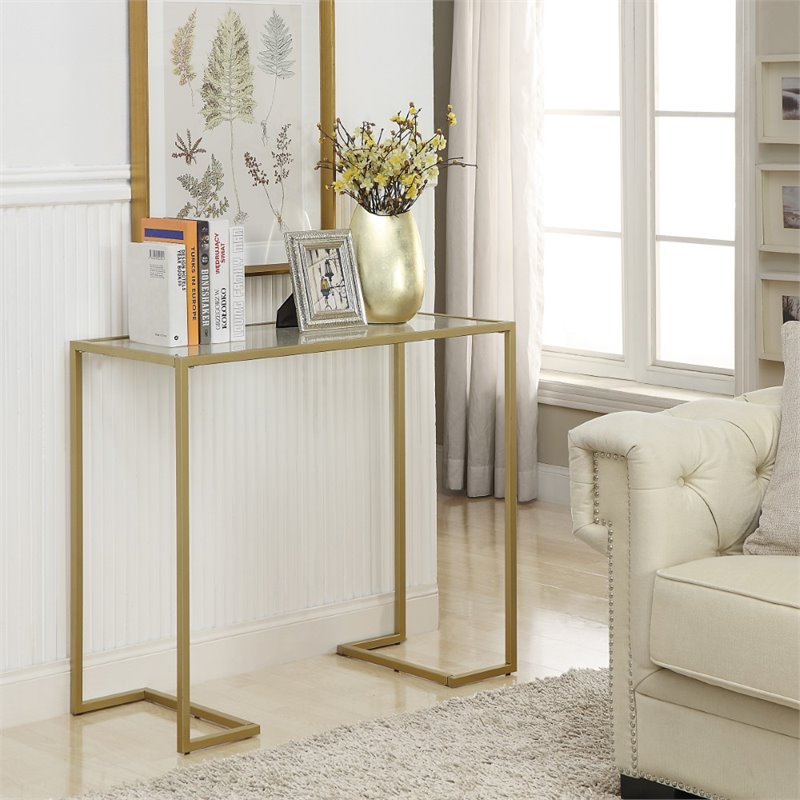 Pemberly Row Modern Tempered Glass Top Console Table in Gold