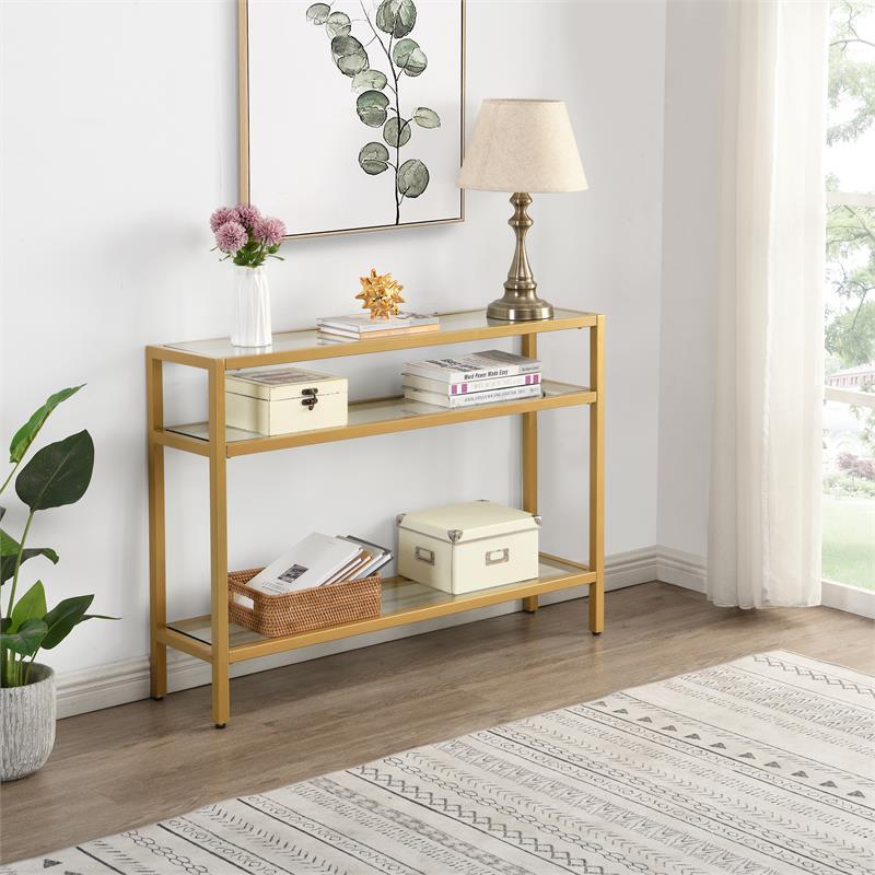 Pemberly Row Transitional Glass 3 Tier Gold Console in Gold Finish