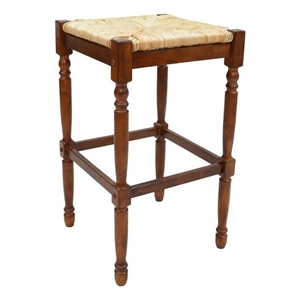 Pemberly Row 29.75&quot Contemporary Wood Bar Stool with Woven Rush Seat in Chestnut