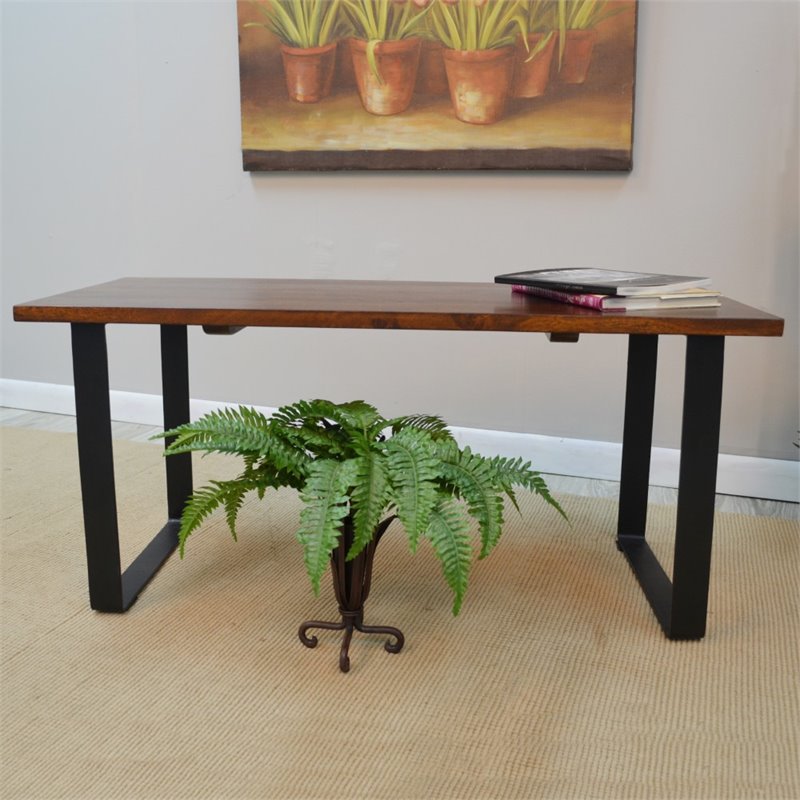 Pemberly Row Modern Metal Frame Bench in Chestnut/Black Finish
