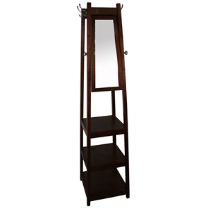 Pemberly Row Wood 3-Tier Shoe Rack with Coat Hanger and Mirror in Cherry