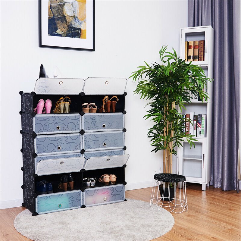 Pemberly Row 12-cubic Contemporary Plastic Shoe Rack Cabinet in Black