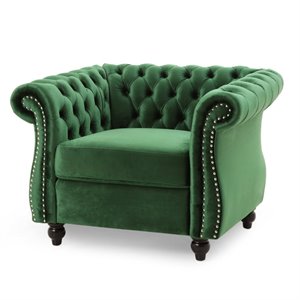 Pemberly Row Chesterfield Velvet Club Chair in Emerald Finish