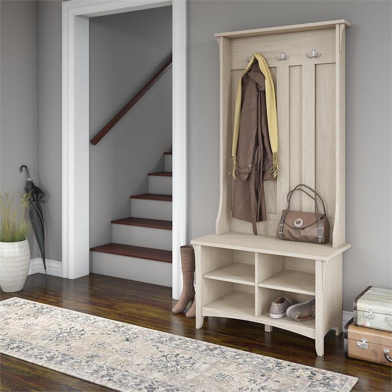 Pemberly Row Hall Tree w/ Shoe Storage Bench in Antique White - Engineered Wood
