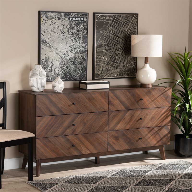 Pemberly Row Mid-Century Walnut Brown Finished Wood 6-Drawer Dresser