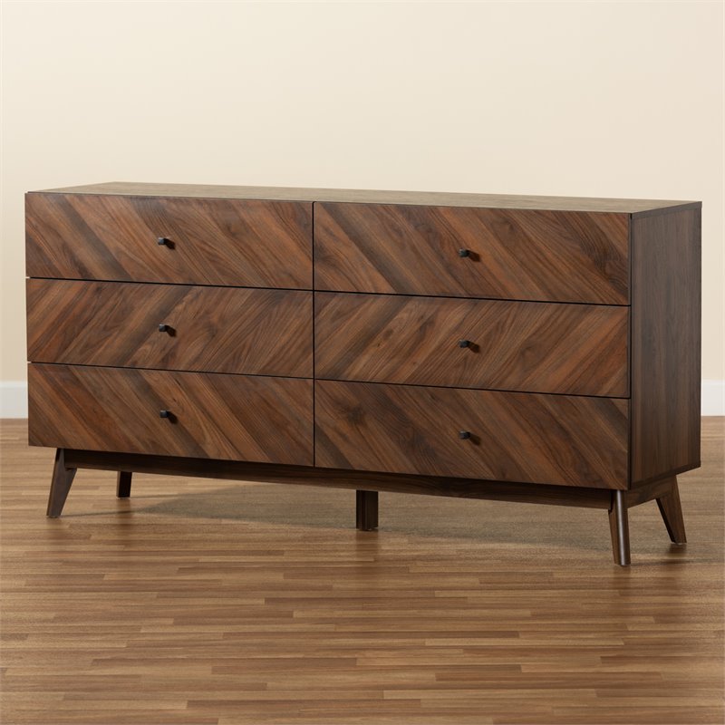 Pemberly Row Mid-Century Walnut Brown Finished Wood 6-Drawer Dresser
