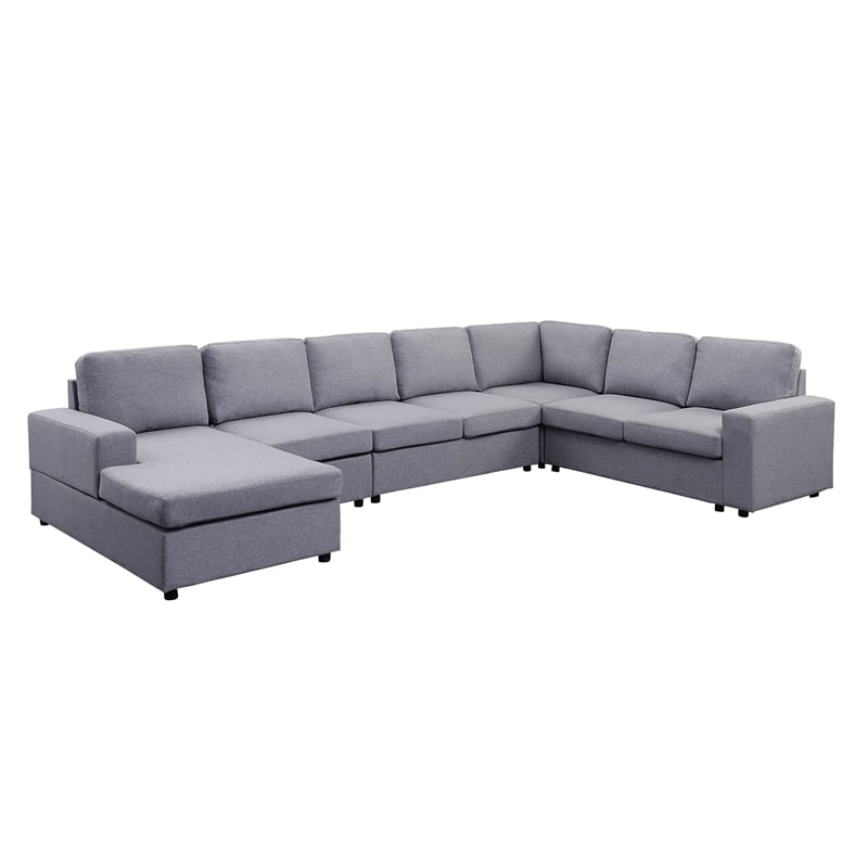 Pemberly Row Fabric 7-Piece Reversible Modular Sectional Sofa Chaise Light Gray