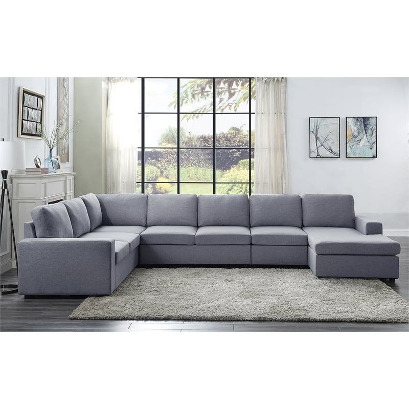 Pemberly Row Fabric 7-Piece Reversible Modular Sectional Sofa Chaise Light Gray