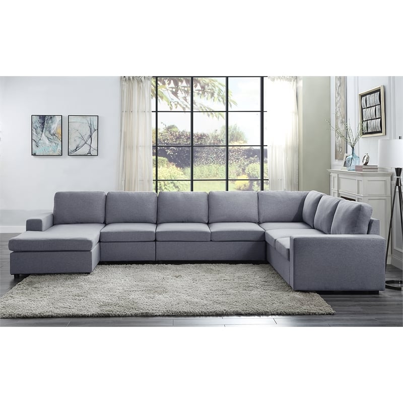Pemberly Row Fabric 7-Piece Reversible Modular Sectional Sofa Chaise Light Gray