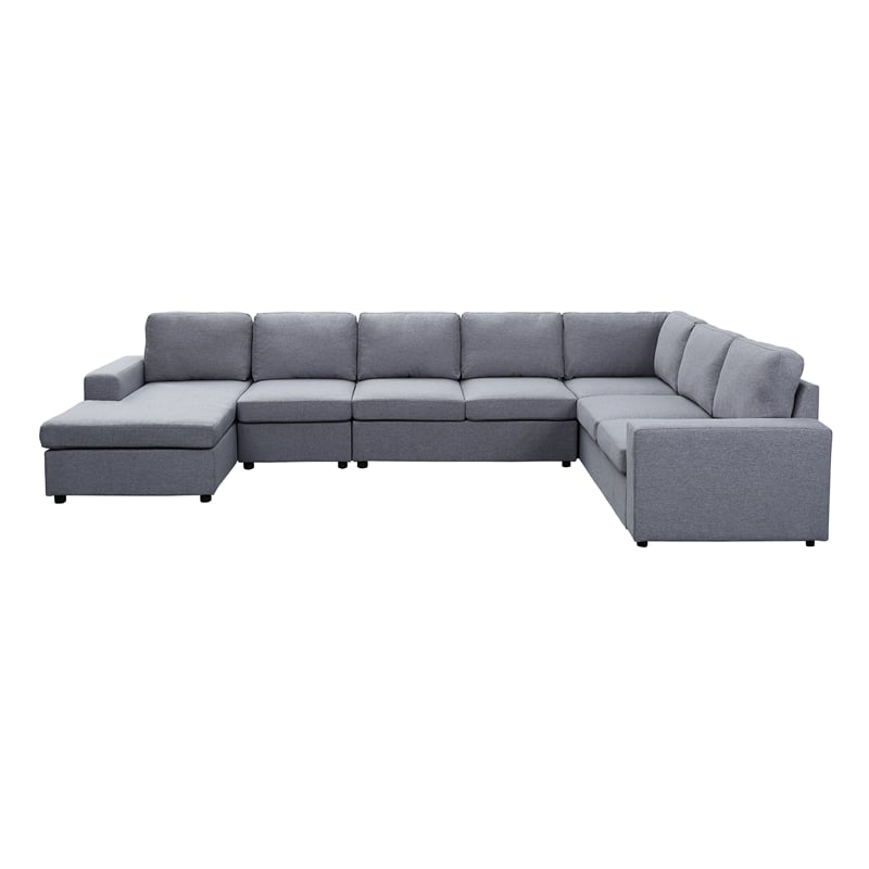 Pemberly Row Fabric 7-Piece Reversible Modular Sectional Sofa Chaise Light Gray