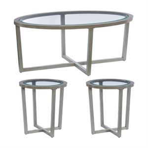 pemberly row 3-piece wood coffee & end table set with glass top in silver