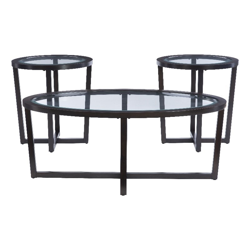 Pemberly Row 3-Piece Wood Coffee & End Table Set with Glass Top in Brown