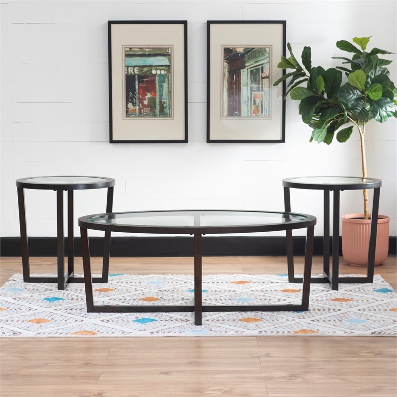 Pemberly Row 3-Piece Wood Coffee & End Table Set with Glass Top in Brown