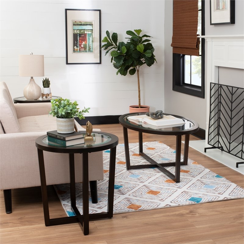 Pemberly Row 3-Piece Wood Coffee & End Table Set with Glass Top in Brown