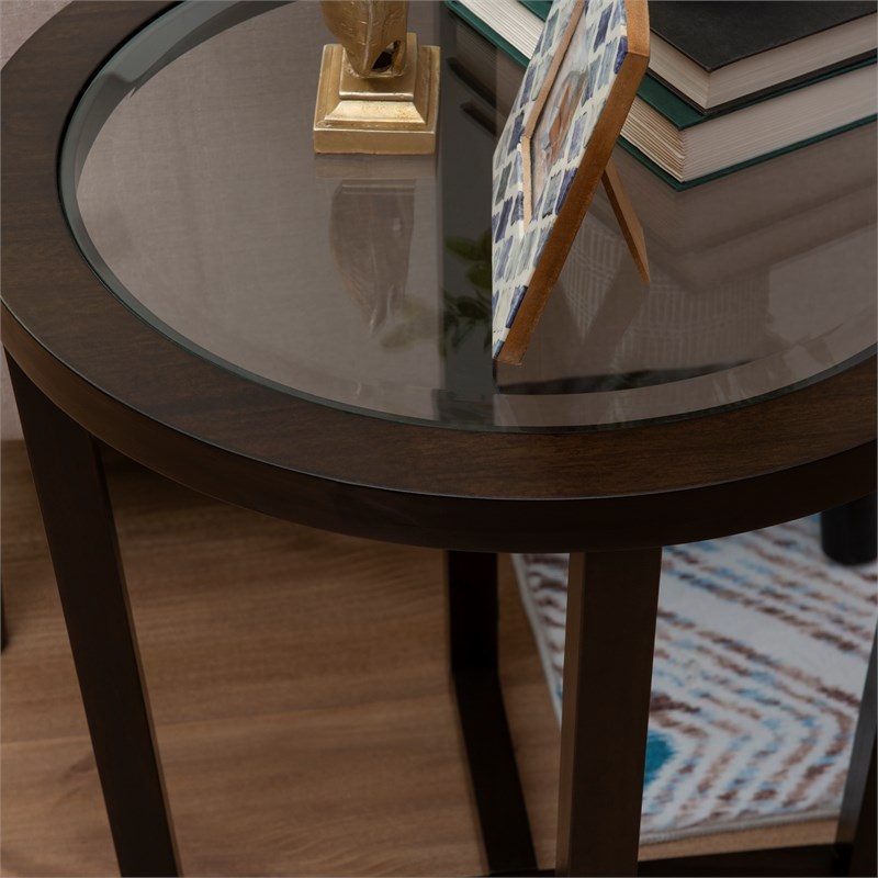 Pemberly Row 3-Piece Wood Coffee & End Table Set with Glass Top in Brown