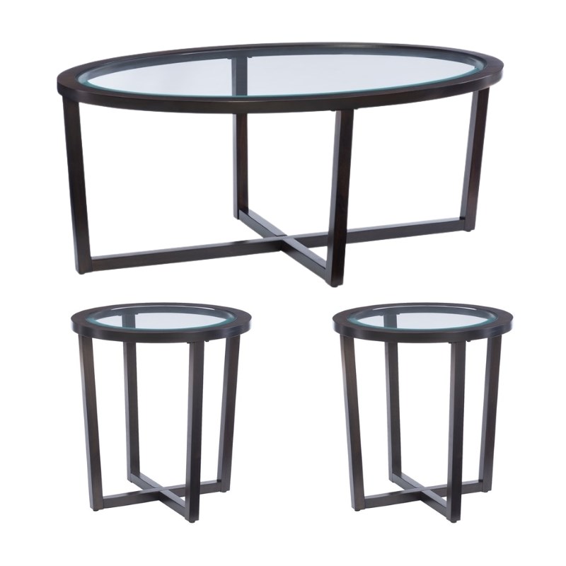 Pemberly Row 3-Piece Wood Coffee & End Table Set with Glass Top in Brown