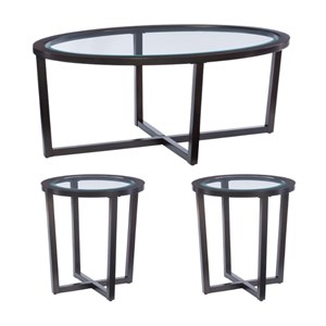 Pemberly Row 3-Piece Wood Coffee & End Table Set with Glass Top in Brown