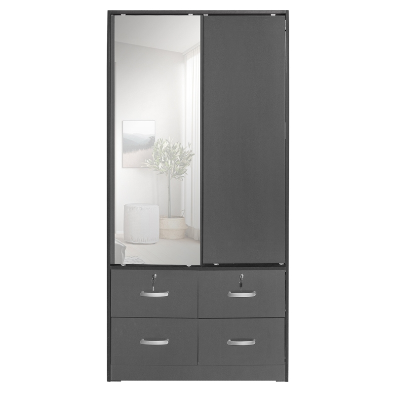 Pemberly Row Double Sliding Door Armoire with Mirror in Dark Gray