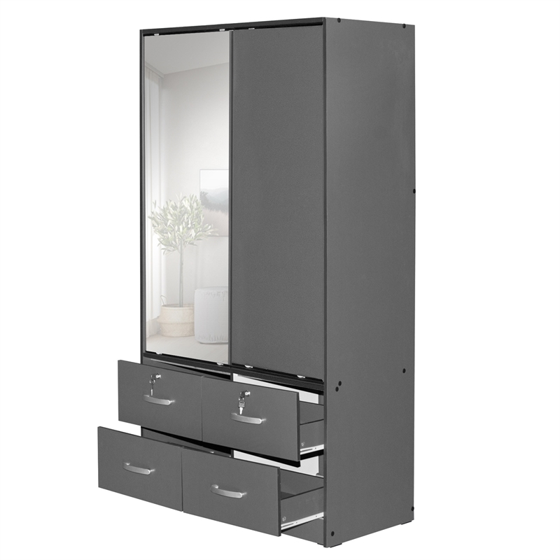 Pemberly Row Double Sliding Door Armoire with Mirror in Dark Gray