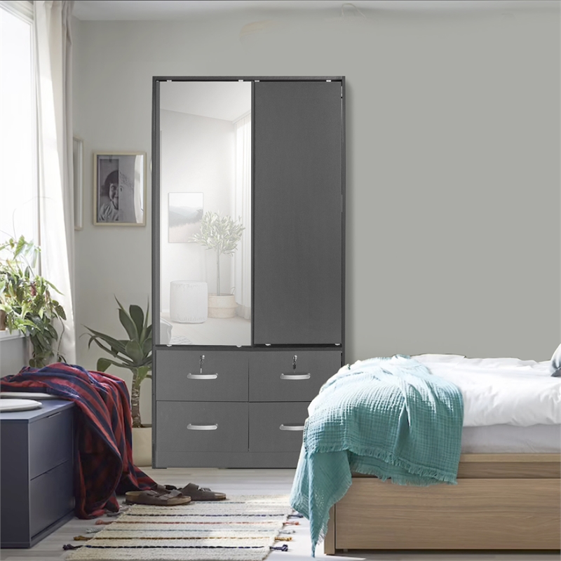 Pemberly Row Double Sliding Door Armoire with Mirror in Dark Gray