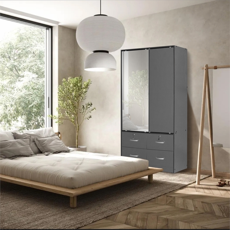Pemberly Row Double Sliding Door Armoire with Mirror in Dark Gray