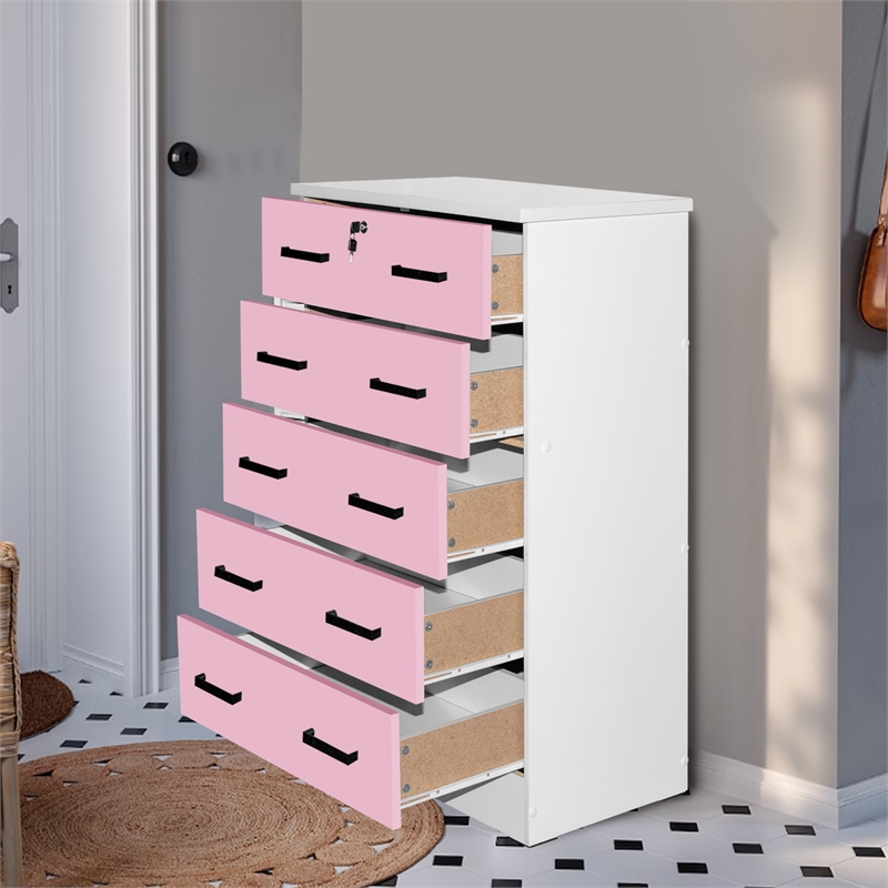 Pemberly Row 5 Drawer Chest Wooden Dresser with Lock in Pink