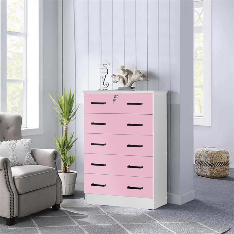 Pemberly Row 5 Drawer Chest Wooden Dresser with Lock in Pink