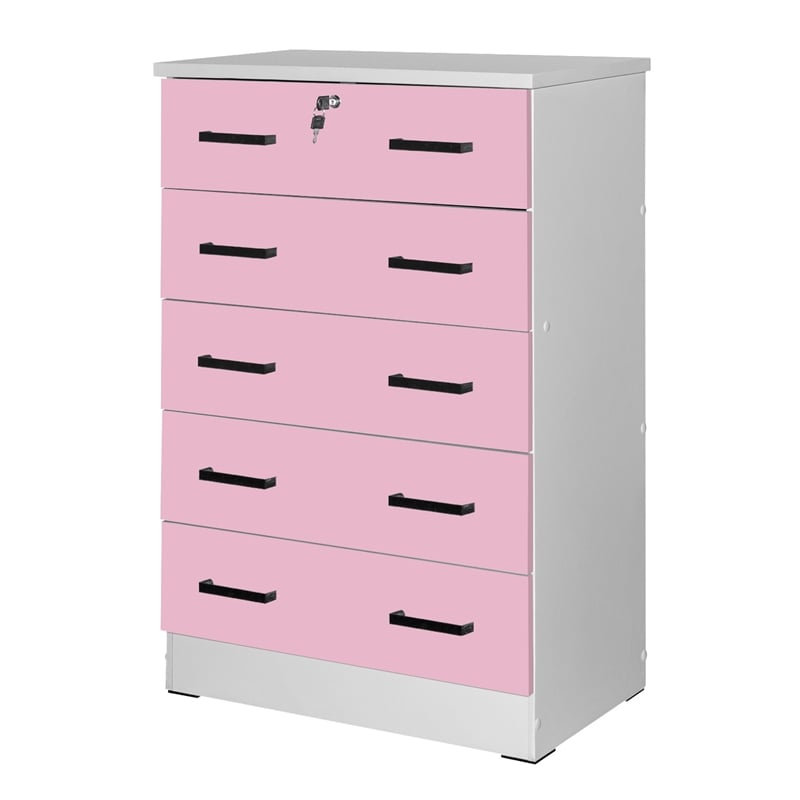 Pemberly Row 5 Drawer Chest Wooden Dresser with Lock in Pink
