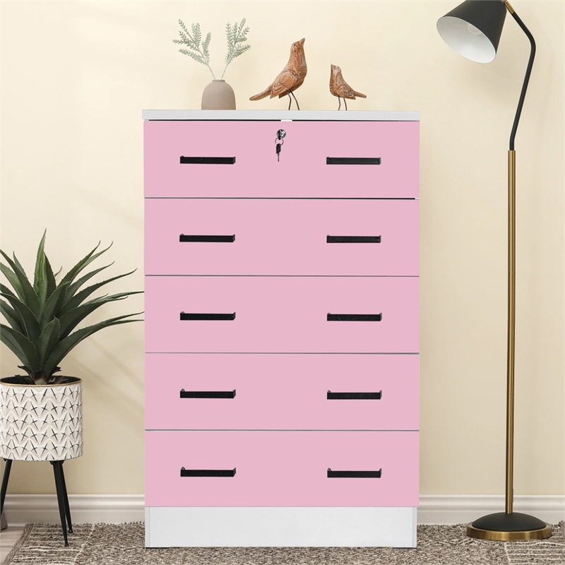 Pemberly Row 5 Drawer Chest Wooden Dresser with Lock in Pink