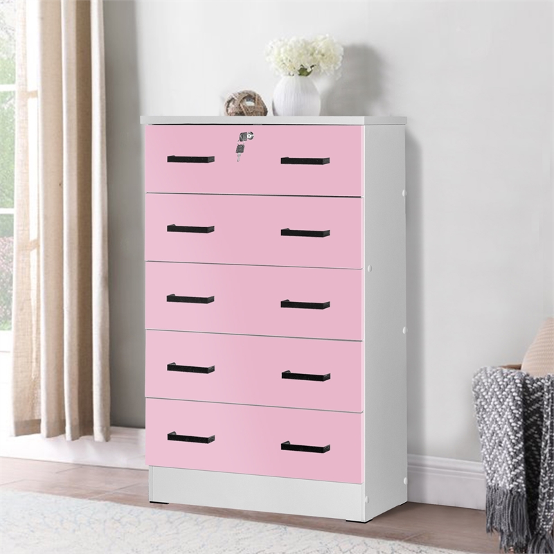 Pemberly Row 5 Drawer Chest Wooden Dresser with Lock in Pink