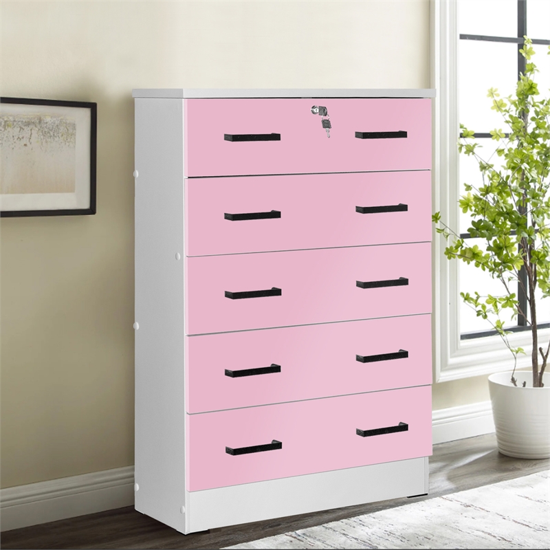 Pemberly Row 5 Drawer Chest Wooden Dresser with Lock in Pink