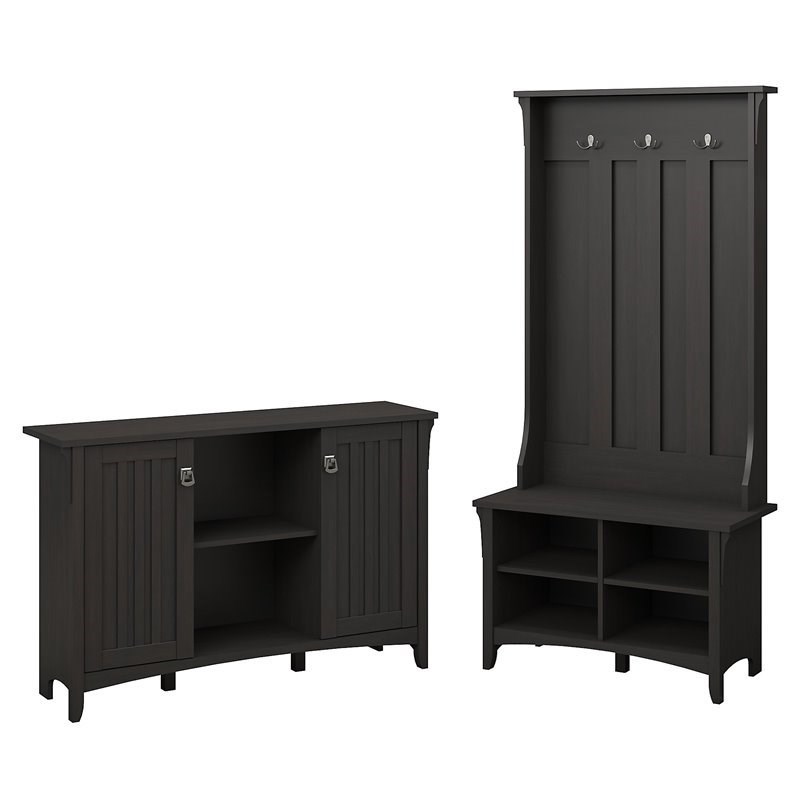 Pemberly Row Furniture Hall Tree with Shoe Bench and Accent Chest in Black