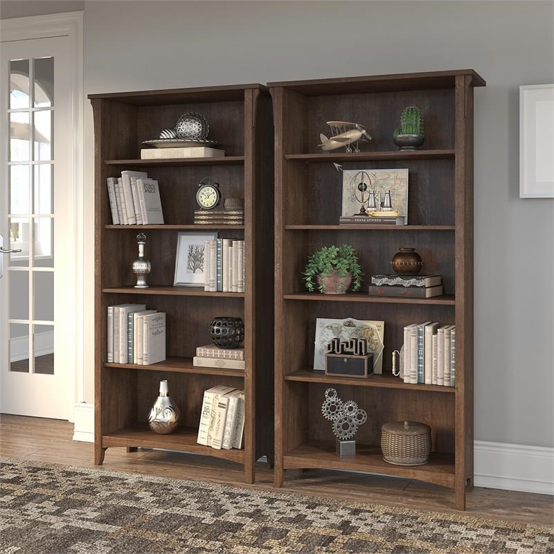 Pemberly Row Tall 5 Shelf Bookcase Set of 2 in Ash Brown - Engineered Wood