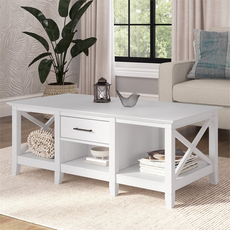 Pemberly Row Mid-Century Engineered Wood Coffee Table with Storage in White