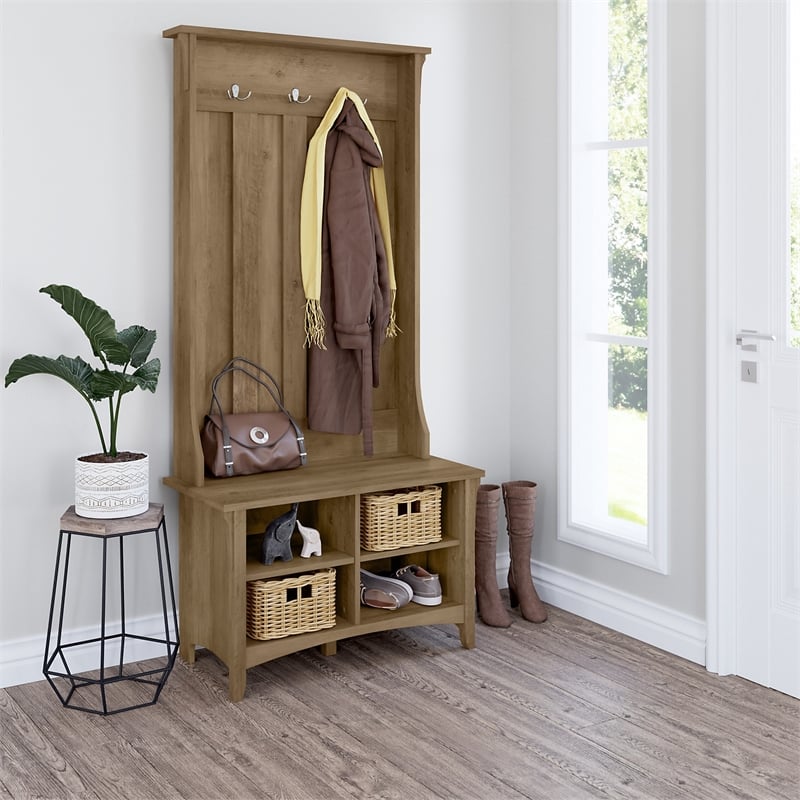 Pemberly Row Engineered Wood Hall Tree with Shoe Storage Bench in Reclaimed Pine
