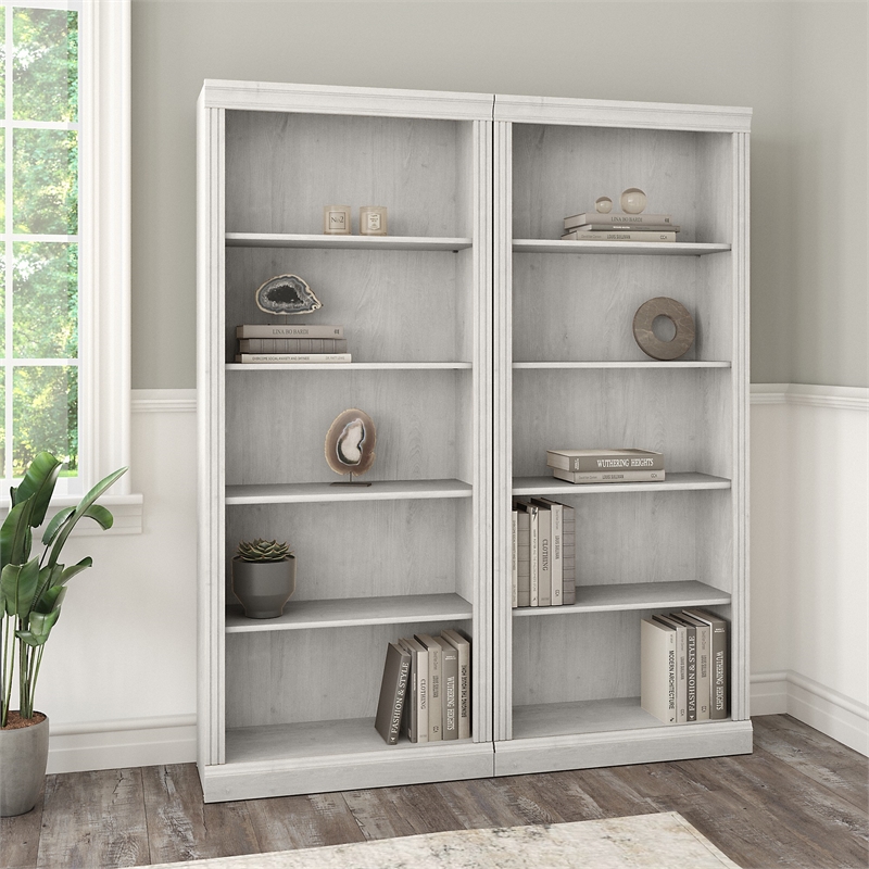 Pemberly Row Engineered Wood Tall 5 Shelf Bookcase - Set of 2 in Linen White Oak