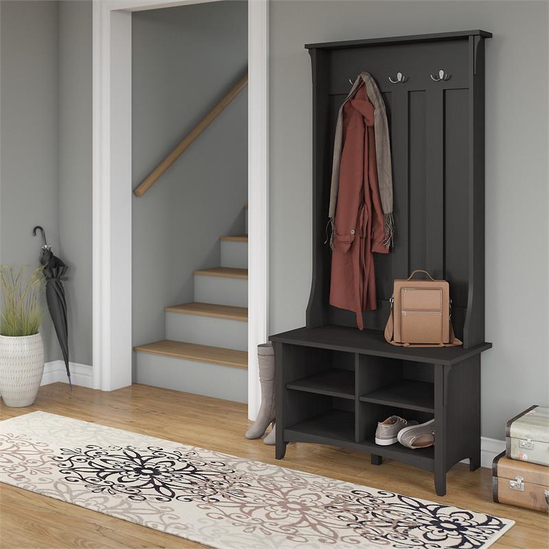 Pemberly Row Engineered Wood Hall Tree with Shoe Storage Bench in Vintage Black
