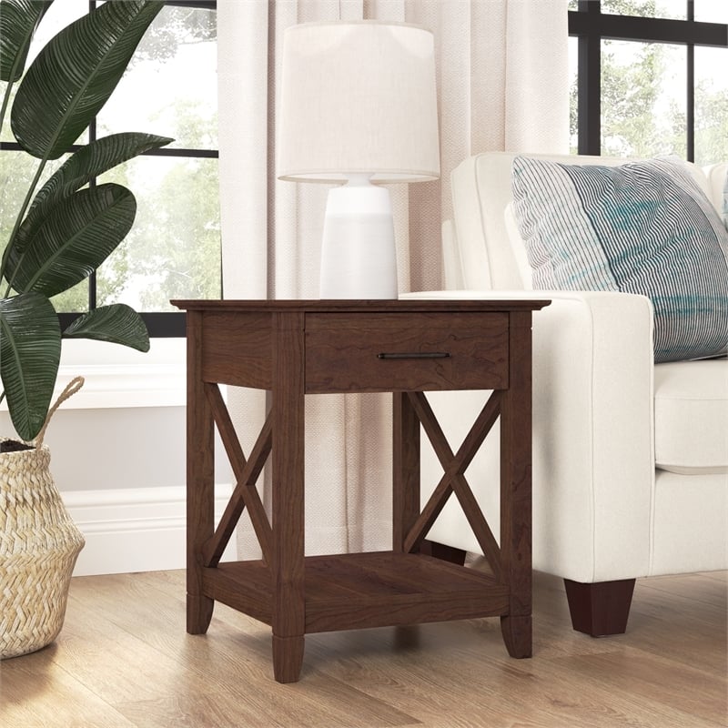 Pemberly Row Farmhouse Engineered Wood End Table with Storage in Cherry