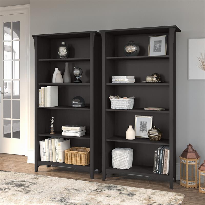 Pemberly Row Tall 5 Shelf Bookcase Set of 2 in Vintage Black - Engineered Wood