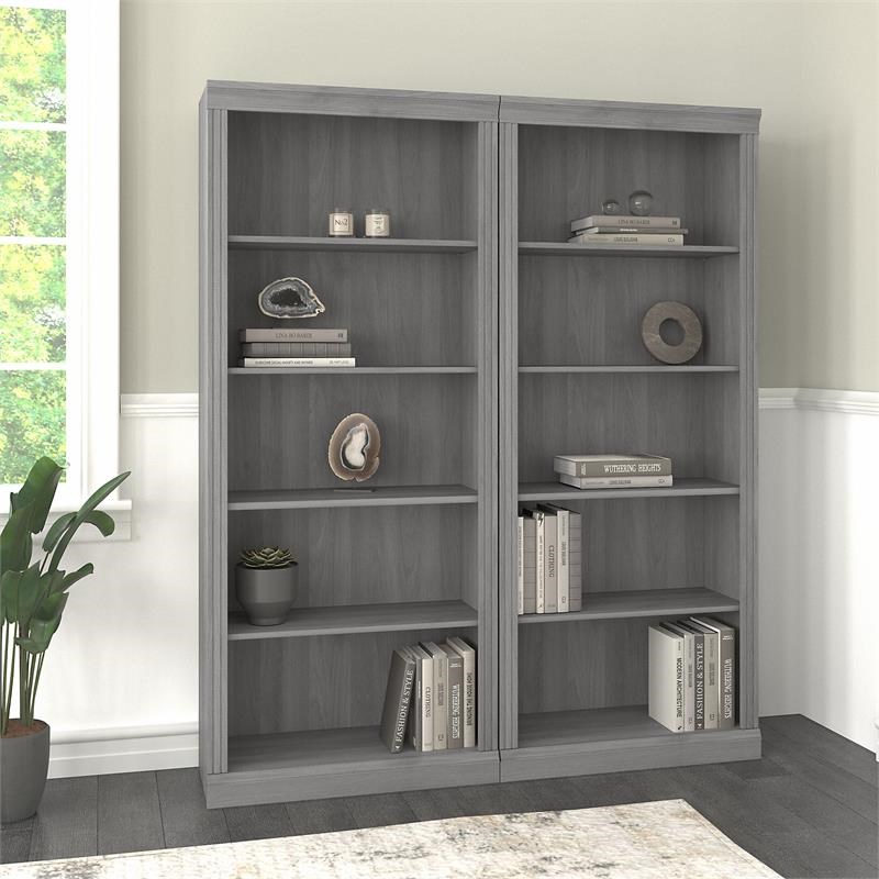 Pemberly Row Tall 5 Shelf Bookcase - Set of 2 in Modern Gray - Engineered Wood
