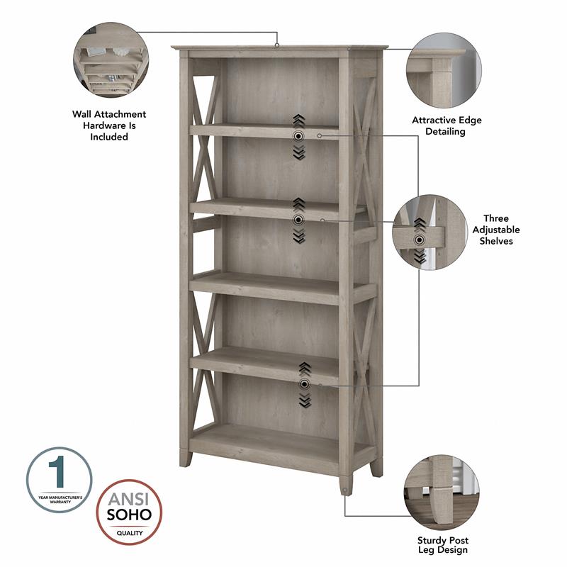Pemberly Row 5 Shelves Wood Bookcase Set with X Pattern in Washed Gray