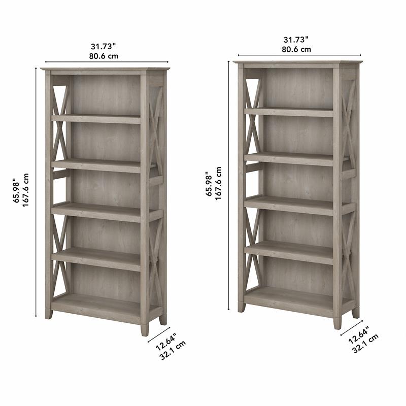 Pemberly Row 5 Shelves Wood Bookcase Set with X Pattern in Washed Gray