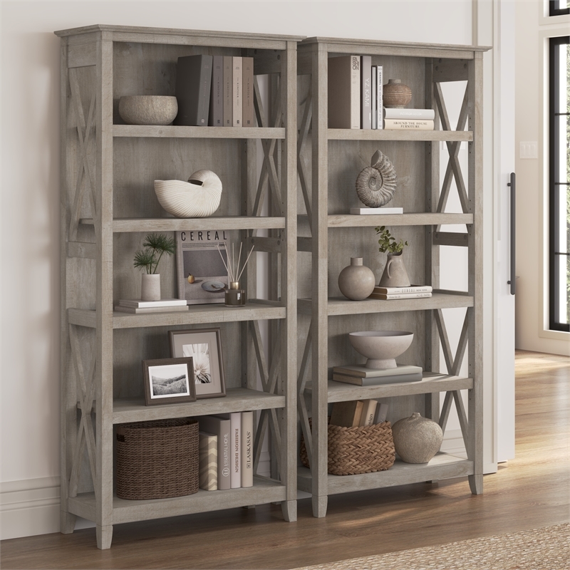 Pemberly Row 5 Shelves Wood Bookcase Set with X Pattern in Washed Gray