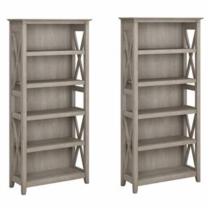 Pemberly Row 5 Shelves Wood Bookcase Set with X Pattern in Washed Gray