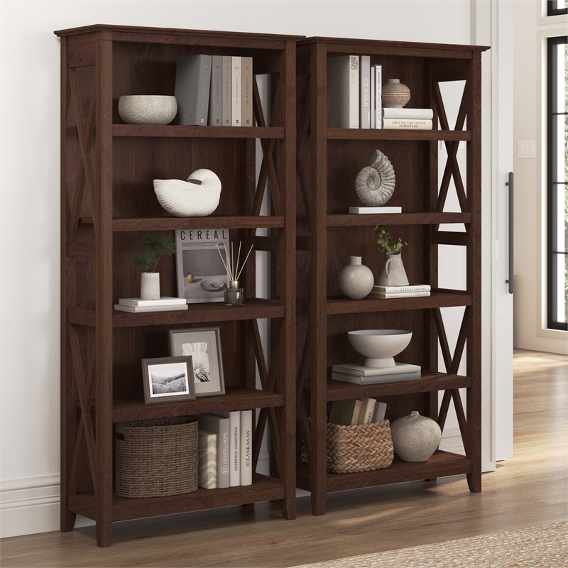Pemberly Row 5 Shelves Engineered Wood Bookcase Set in Bing Cherry